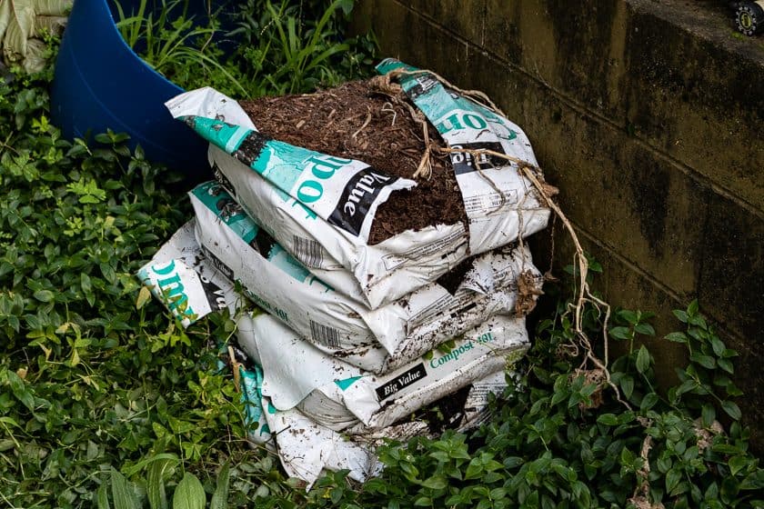 Piles of old compost bags