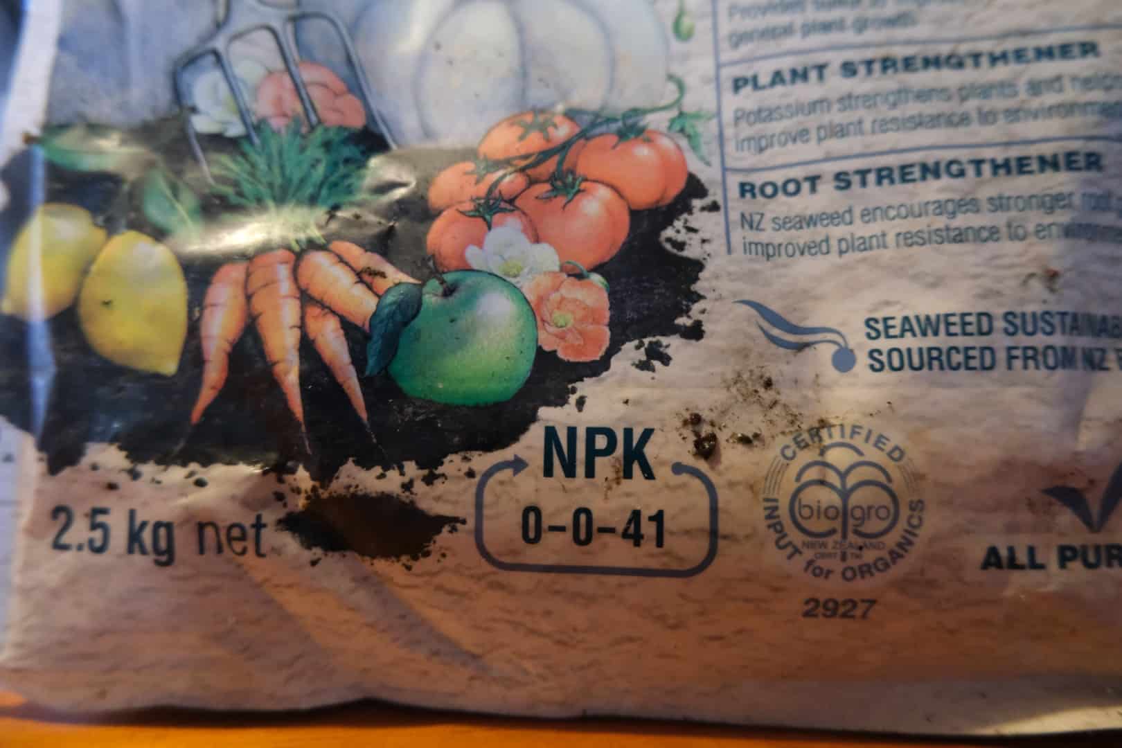 Front of a bag of fertiliser showing the NPK amounts